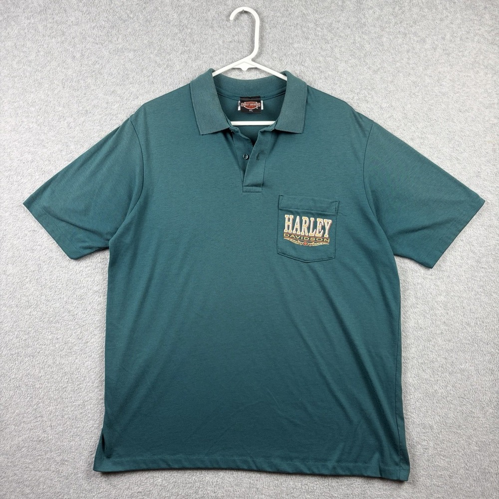 Vintage Harley Davidson Shirt Mens XL Teal Pocket Polo Sun Faded 90s USA Made